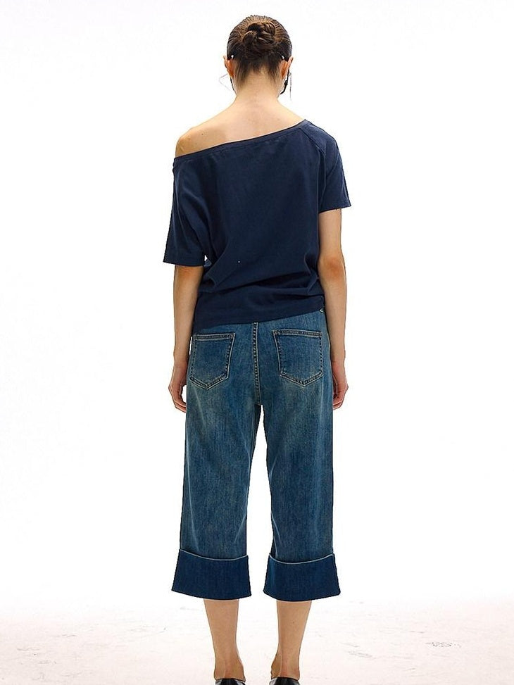 Country Moment High Waist Washed Stretch Straight Leg Denim Blue Mid-Length Shorts