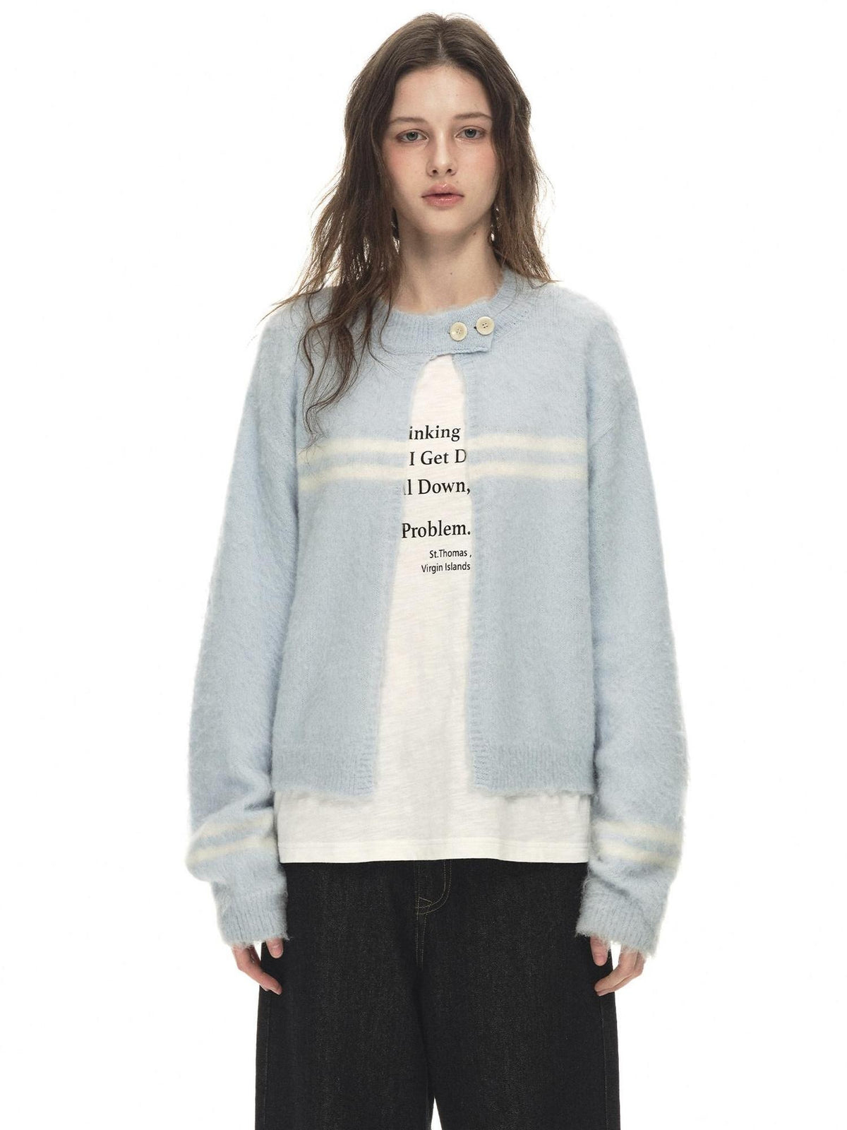 Country Moment Soft Wool Blend Light Blue Striped Relaxed Collar Women Breathable Cardigans