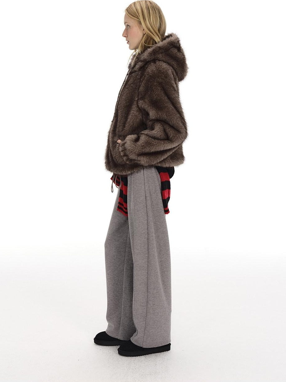 Country Moment Warm Wool Lined Pleated Drawstring Loose Fit Gray Straight Sweatpants