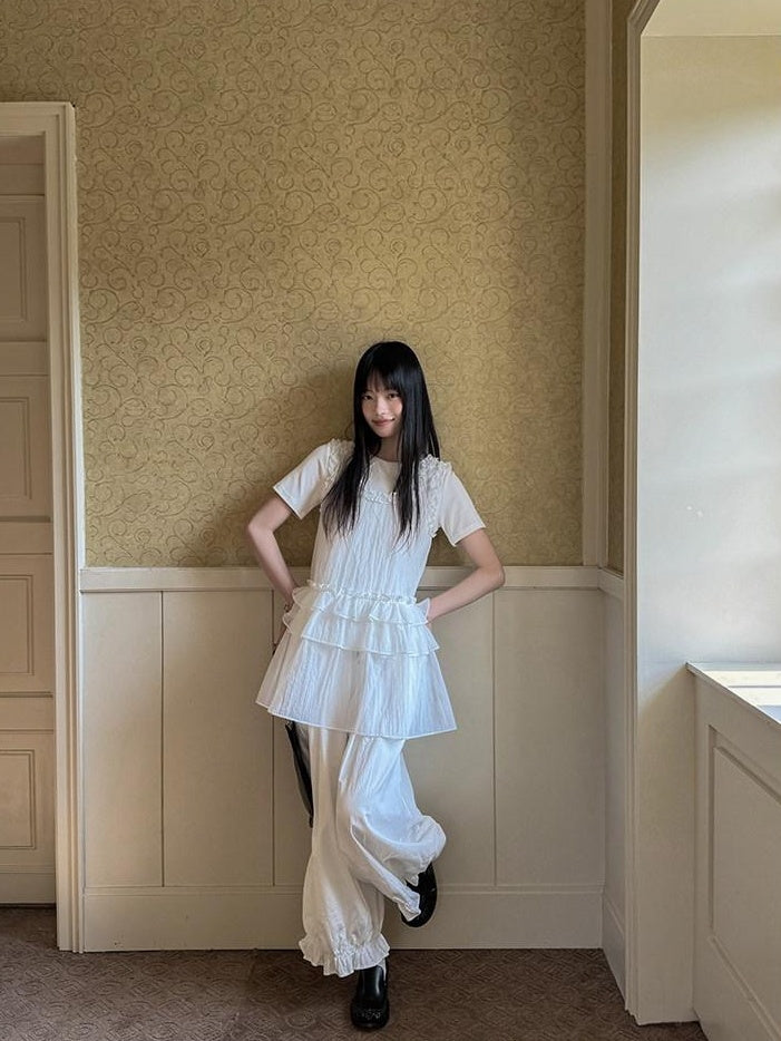 DDGIRL studio Original High Waist Drawstring Washed Cotton Nylon Lantern White Wide Leg Pants