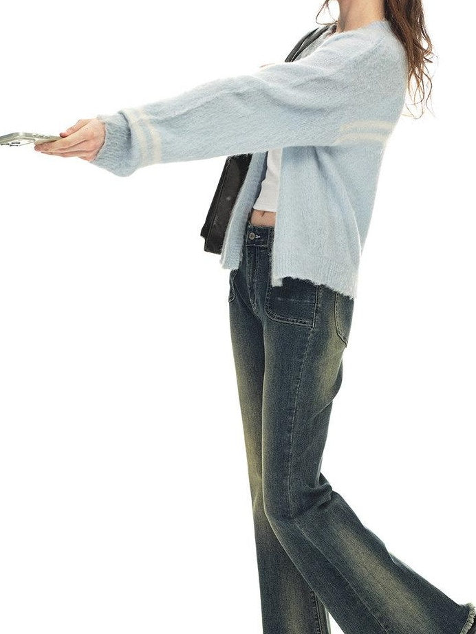 Country Moment Vintage Distressed Low Rise Retro Flare Women Daily Denim Blue Flared Jeans