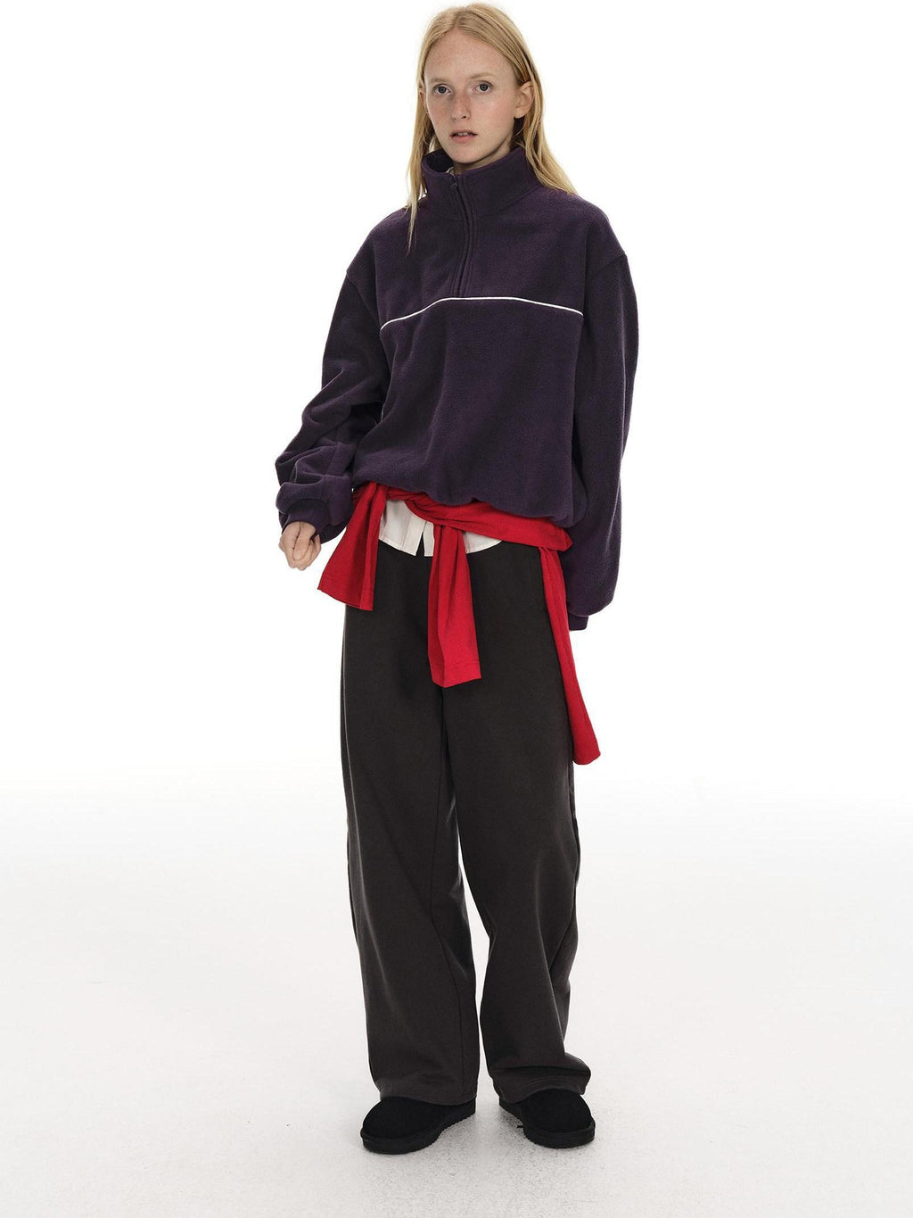 Country Moment Warm Fleece Short Zip Stand Collar Colorblock Loose Fit Unisex Purple Sweatshirt