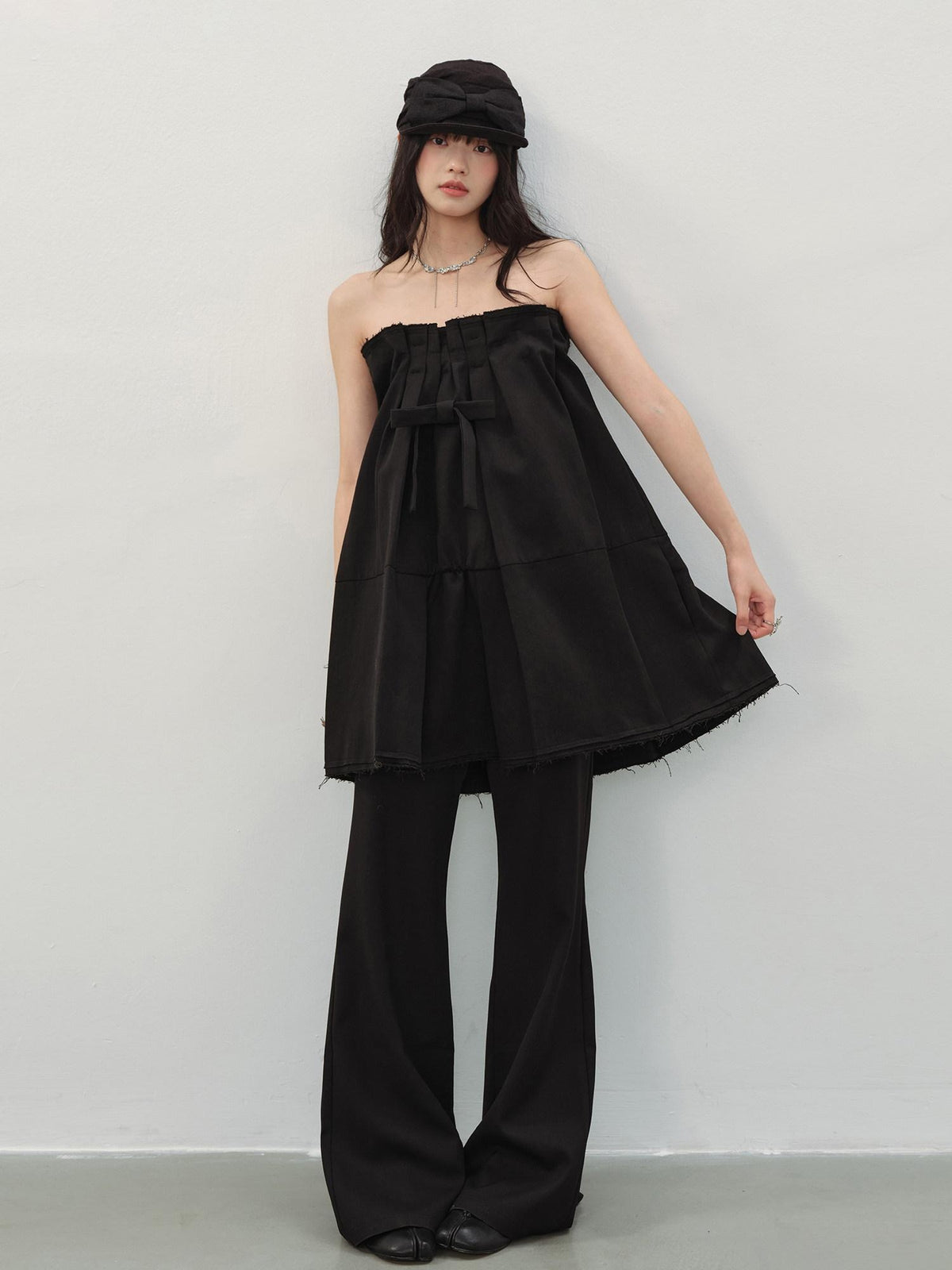 DDGIRL studio Slim Mid Rise Washed Black Micro Flare Zipper Casual Women Straight Pants