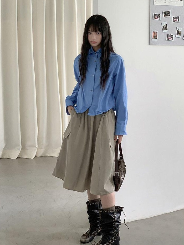 DDGIRL studio Moisture Wicking Pure Cotton Relaxed Polo Collar Button Women Blue Blouses