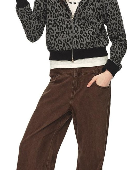 Country Moment 100% Cotton Loose Zip Crop Hooded Leopard Print Women Black Grey Hoodie