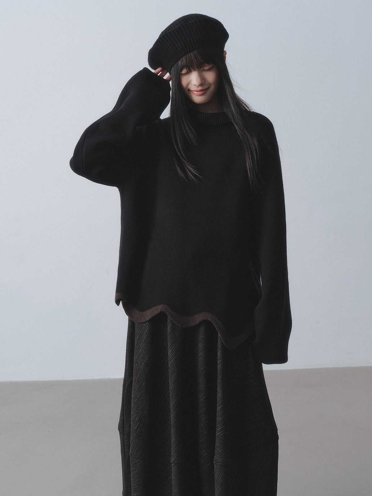 DDGIRL studio Warm Chunky Wave Pullover Oversized Commuter Mock Neck Women Black Sweaters