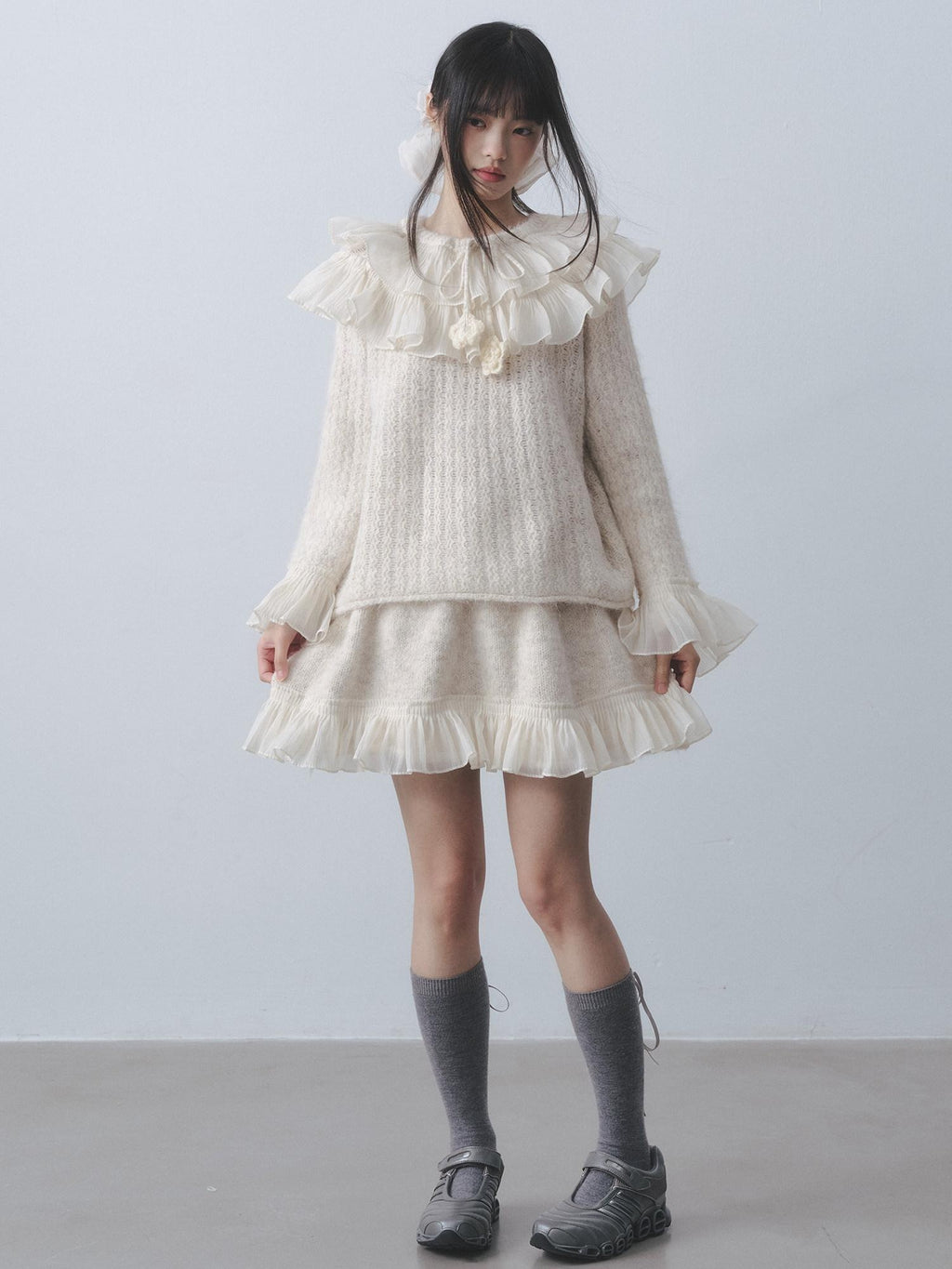 DDGIRL studio Warm Knitted Ruffle Pullover Loose Gentle Floral High Waist Top & Skirt Sets