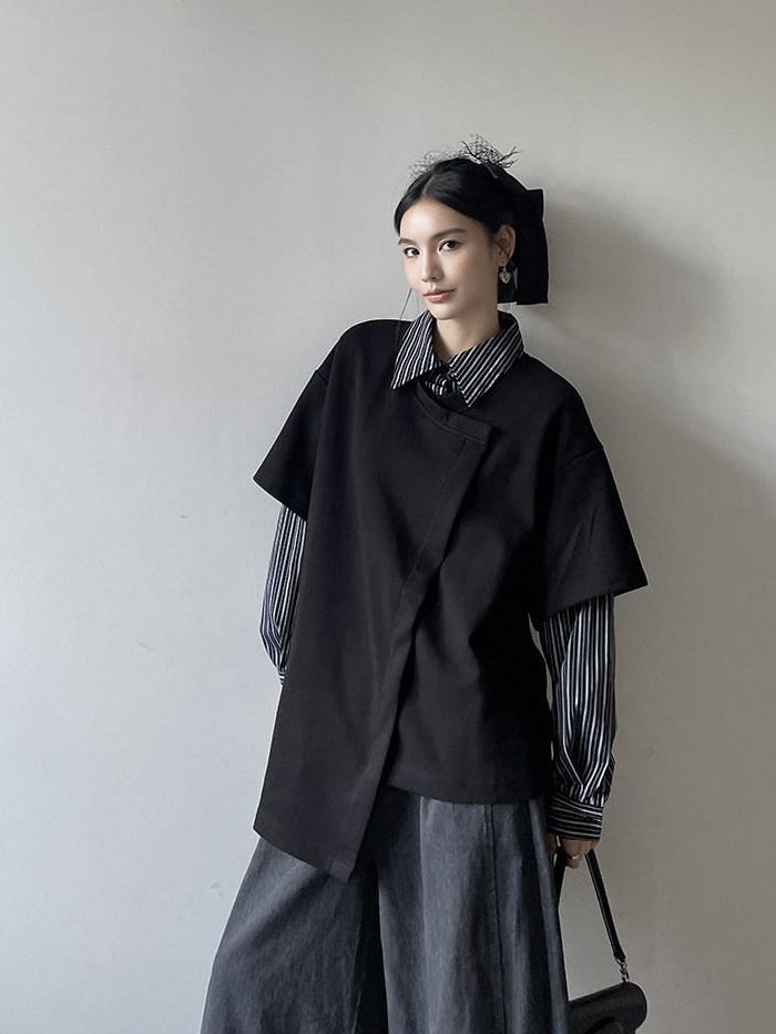 DDGIRL studio Breathable Cotton Blend Relaxed Commuter Collared Striped Women Black Shirts