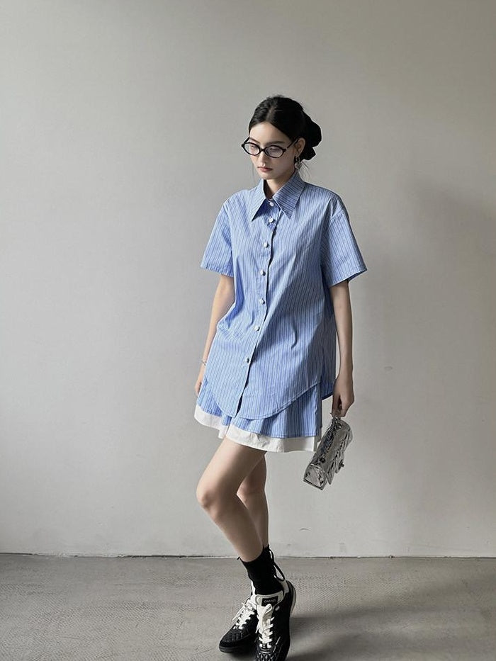 DDGIRL studio Breathable Relaxed Polo Short Sleeve Women Striped Blue Top & Skirt Sets