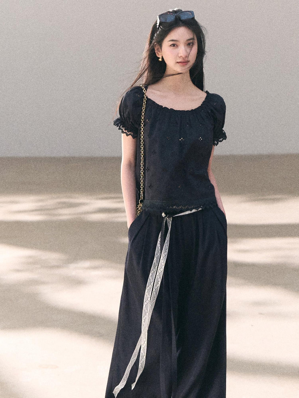 7 OAKMOO Lyocell Linen Breathable Casual Natural Waist Straight Navy White Wide Leg Pants