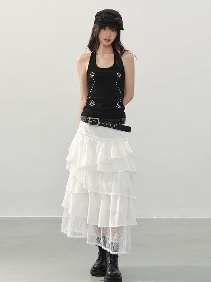 DDGIRL studio Shape Retaining Asymmetric Tiered High Waist Lined Lace Linen Women Midi Skirts