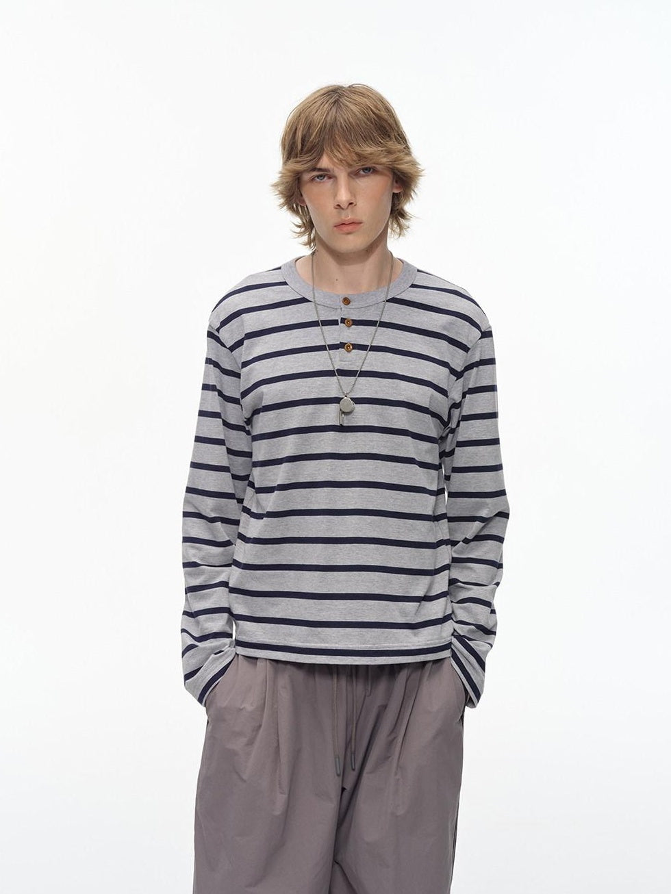 Country Moment Breathable Cotton Loose Fit Henley Striped Unisex Long Sleeve T-Shirts