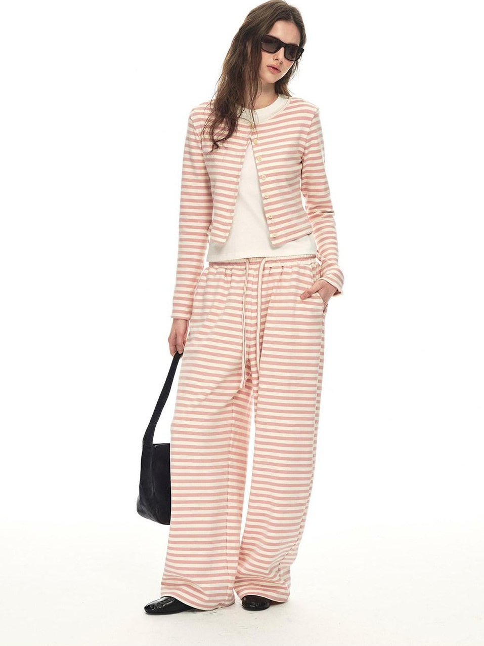 Country Moment Breathable Cotton Slim Fit Piped Pink Striped Casual Top & Pants Sets