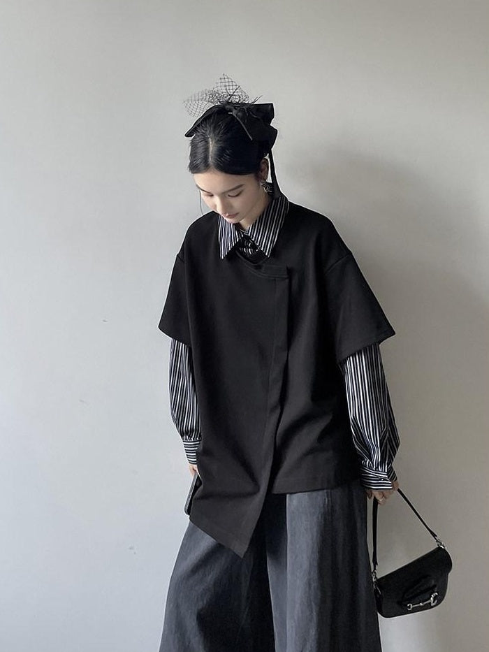 DDGIRL studio Breathable Cotton Blend Relaxed Commuter Collared Striped Women Black Shirts
