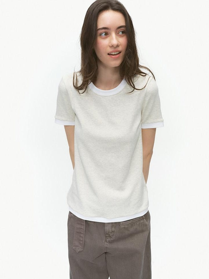 Country Moment Stretch Cotton Patchwork Casual Straight Fit Lake Blue Short Sleeve T-Shirts