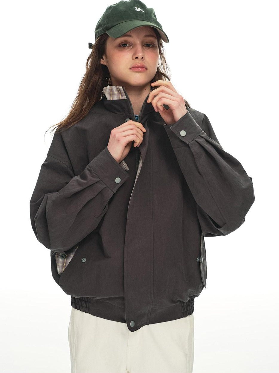 Country Moment Contrast Patchwork Relaxed Check Zip Long Sleeve Womens Cropped Jackets