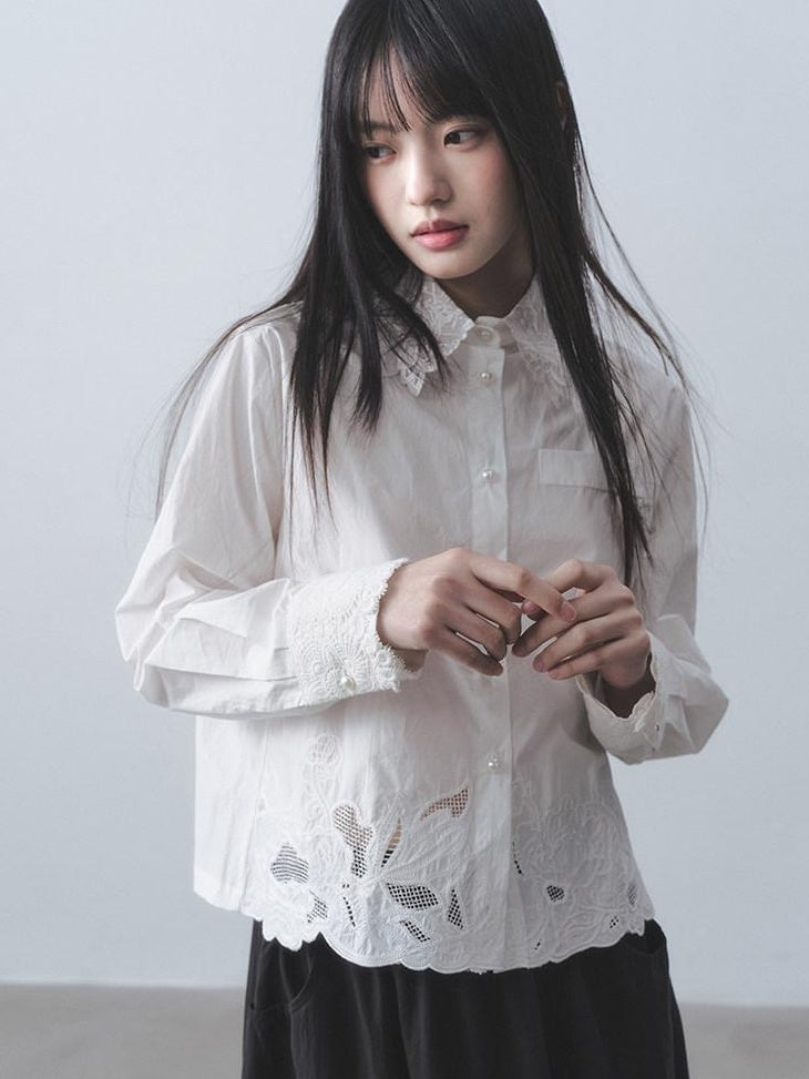 DDGIRL studio Skin Friendly Cotton Lace Embroidered Cropped Cardigan White Long Sleeve Shirts