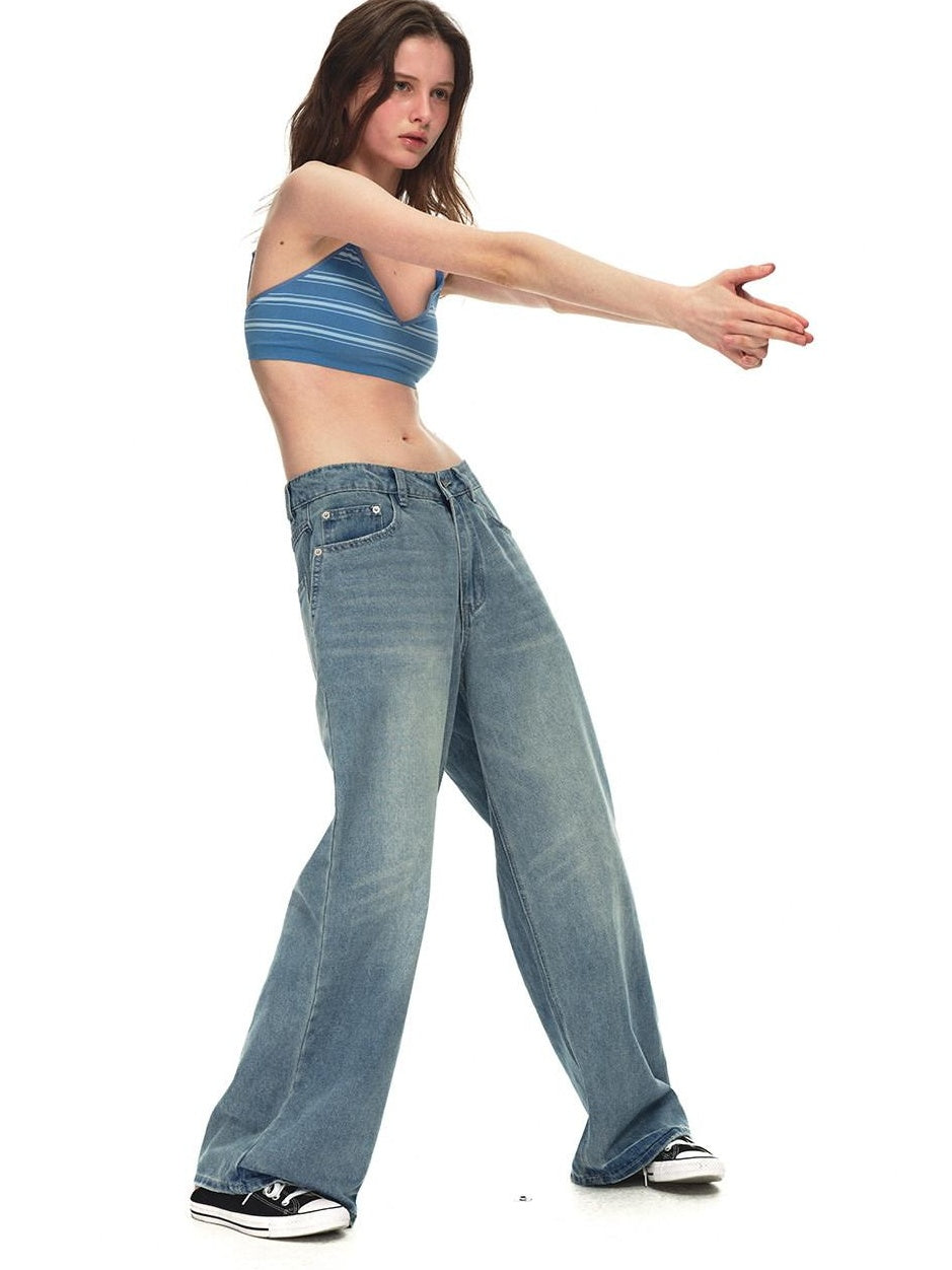 Country Moment Soft Breathable Mid Rise Stone Wash Loose Casual Unisex Denim Blue Wide Leg Jeans