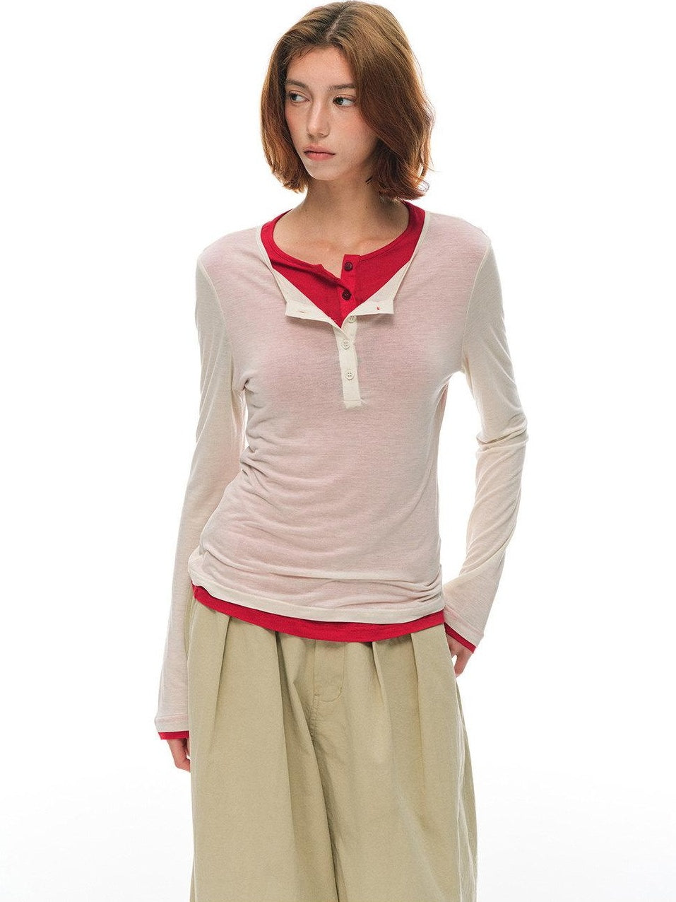 Country Moment Cooling Breathable Lyocell Slim Fit Contrast Henley Women Long Sleeve T-Shirts