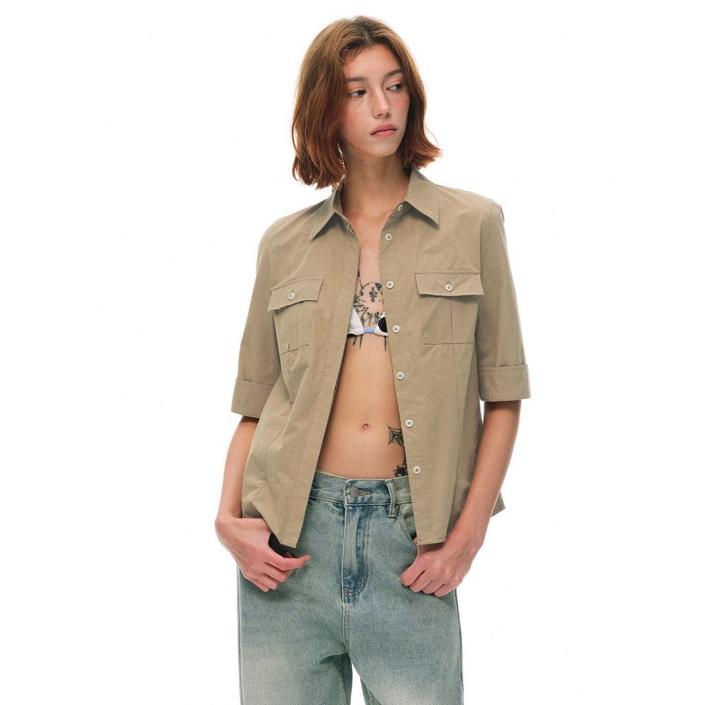 Country_Moment_Breathable_Cotton_Slim_Fit_Collared_Half_Sleeve_Khaki_Women_Patch_Pocket_Shirts_MISSTT