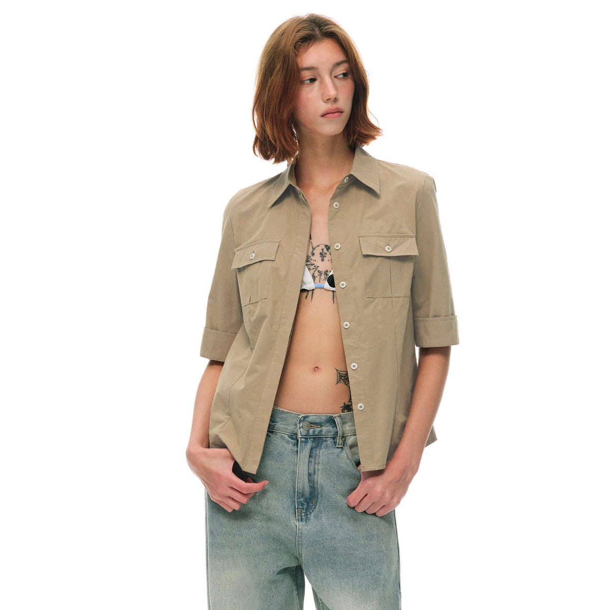 Country_Moment_Breathable_Cotton_Slim_Fit_Collared_Half_Sleeve_Khaki_Women_Patch_Pocket_Shirts_MISSTT