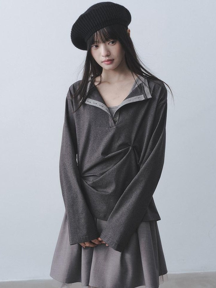 DDGIRL studio Moisture Wicking Long Sleeve Tee Commuter Solid Dark Gray Top & Skirt Sets