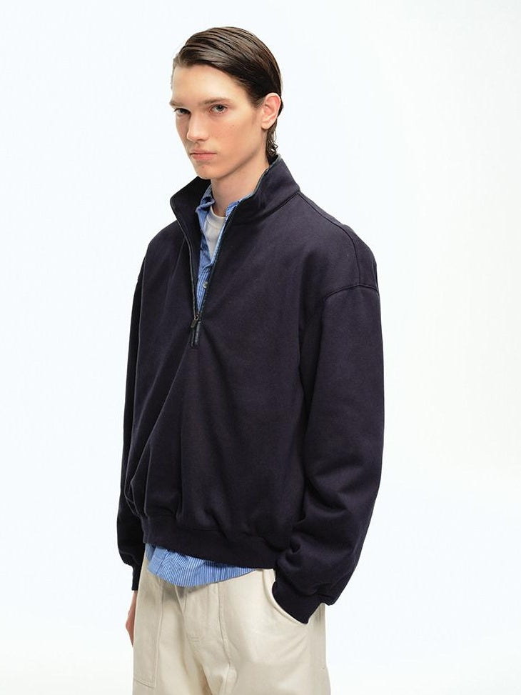 Country Moment Soft Cotton Blend Stand Collar Half Zip American Youth Casual Navy Sweatshirt