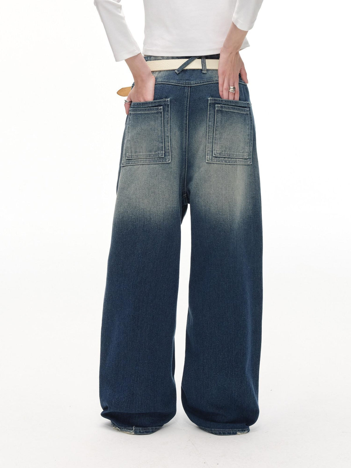 Country Moment Gradient Distressed Mid Rise Loose Straight Everyday Denim Blue Wide Leg Jeans