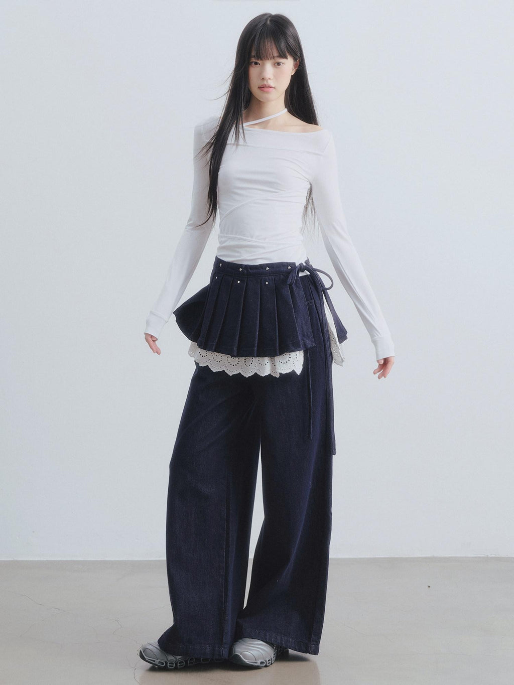 DDGIRL studio Washed High Waist Lace Trim Non Stretch Zip Fly Navy Comfort Wide Leg Jeans