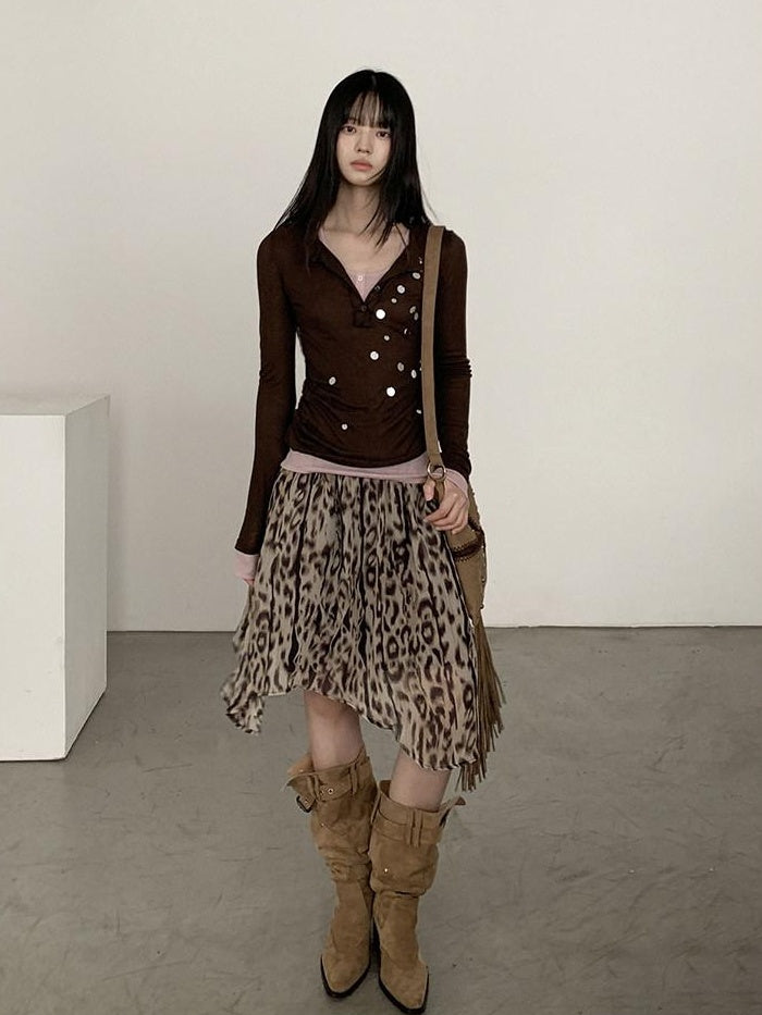 DDGIRL studio Durable American Asymmetric A Line Women High Waist Leopard Print Midi Skirts