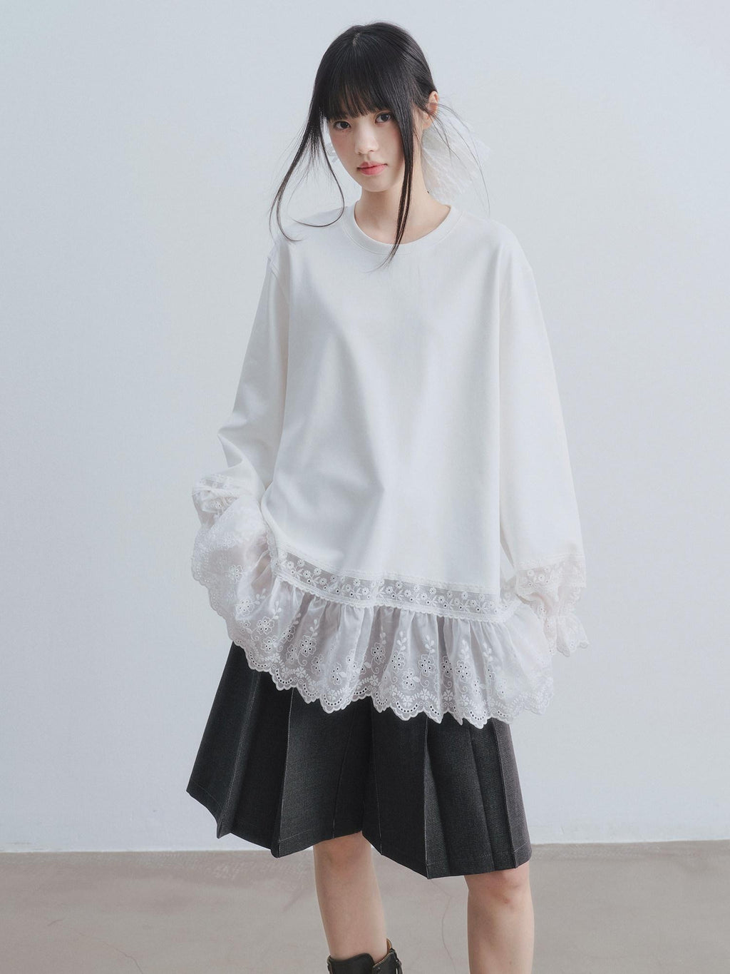 DDGIRL studio Layered Lace Oversized Puff Sleeve Womens Cotton White Long Sleeve T-Shirts
