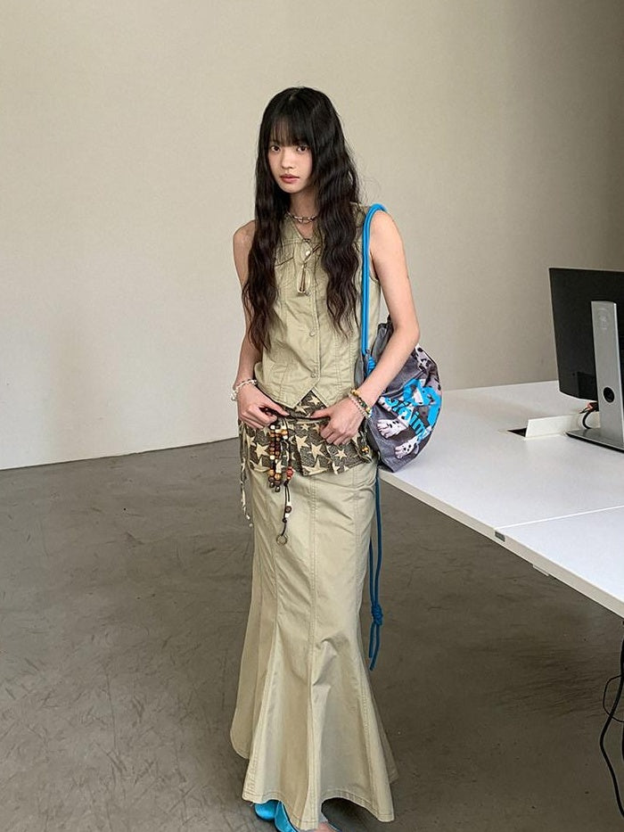 DDGIRL studio High Waist Cotton Fishtail Slim Casual Khaki Women Outdoor Maxi Skirts