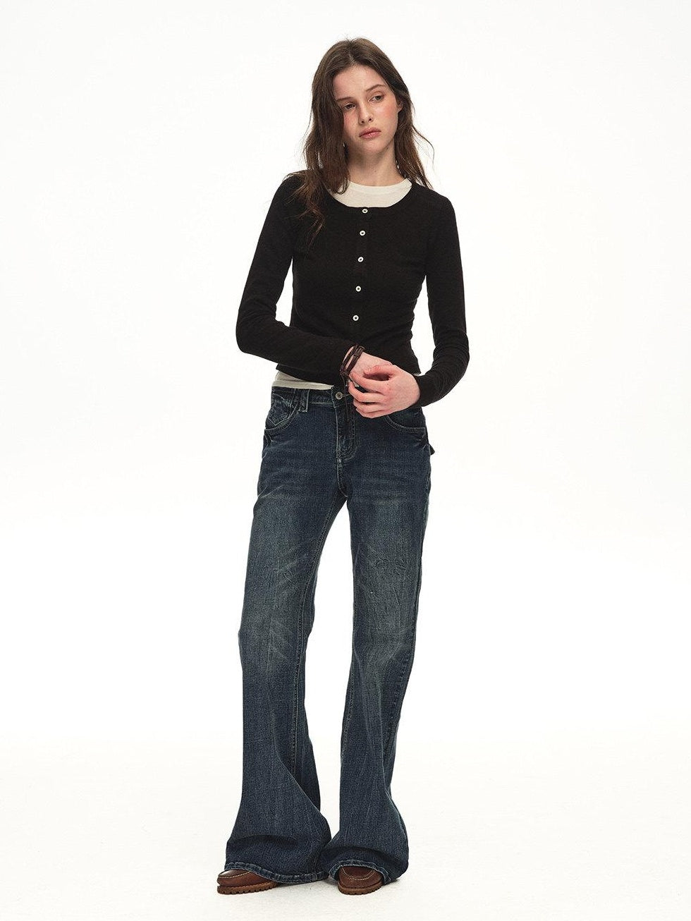 Country Moment Soft Cotton Blend Slim Cropped Round Neck Women Black Button Cardigans