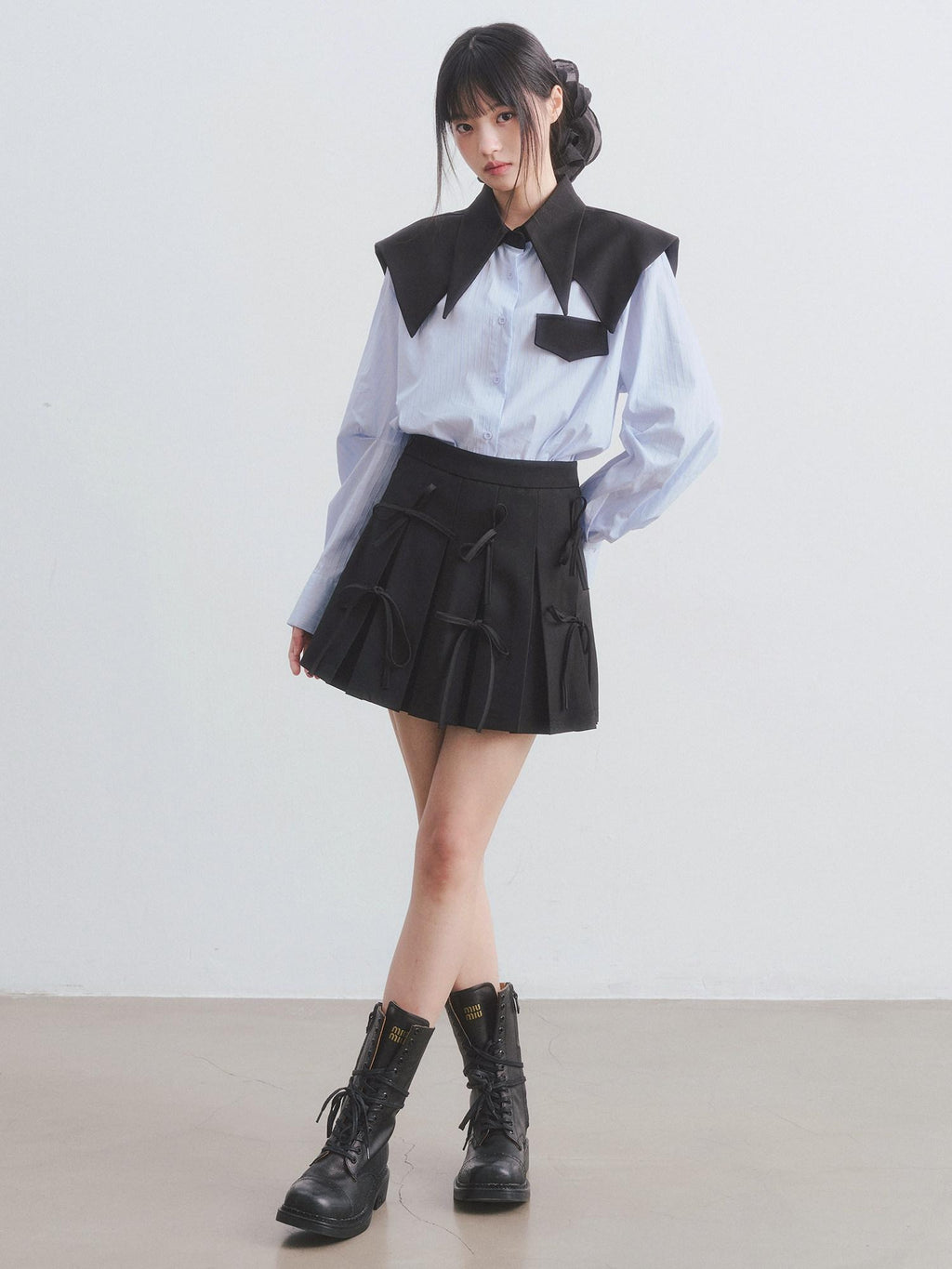 DDGIRL studio Breathable Cotton Loose Faux Layer Pleat Sleeve Striped Navy Collar Shirts