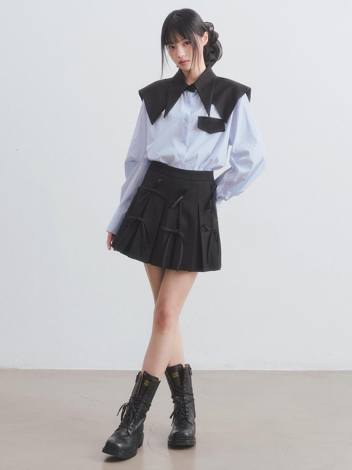DDGIRL studio Breathable Cotton Loose Faux Layer Pleat Sleeve Striped Navy Collar Shirts