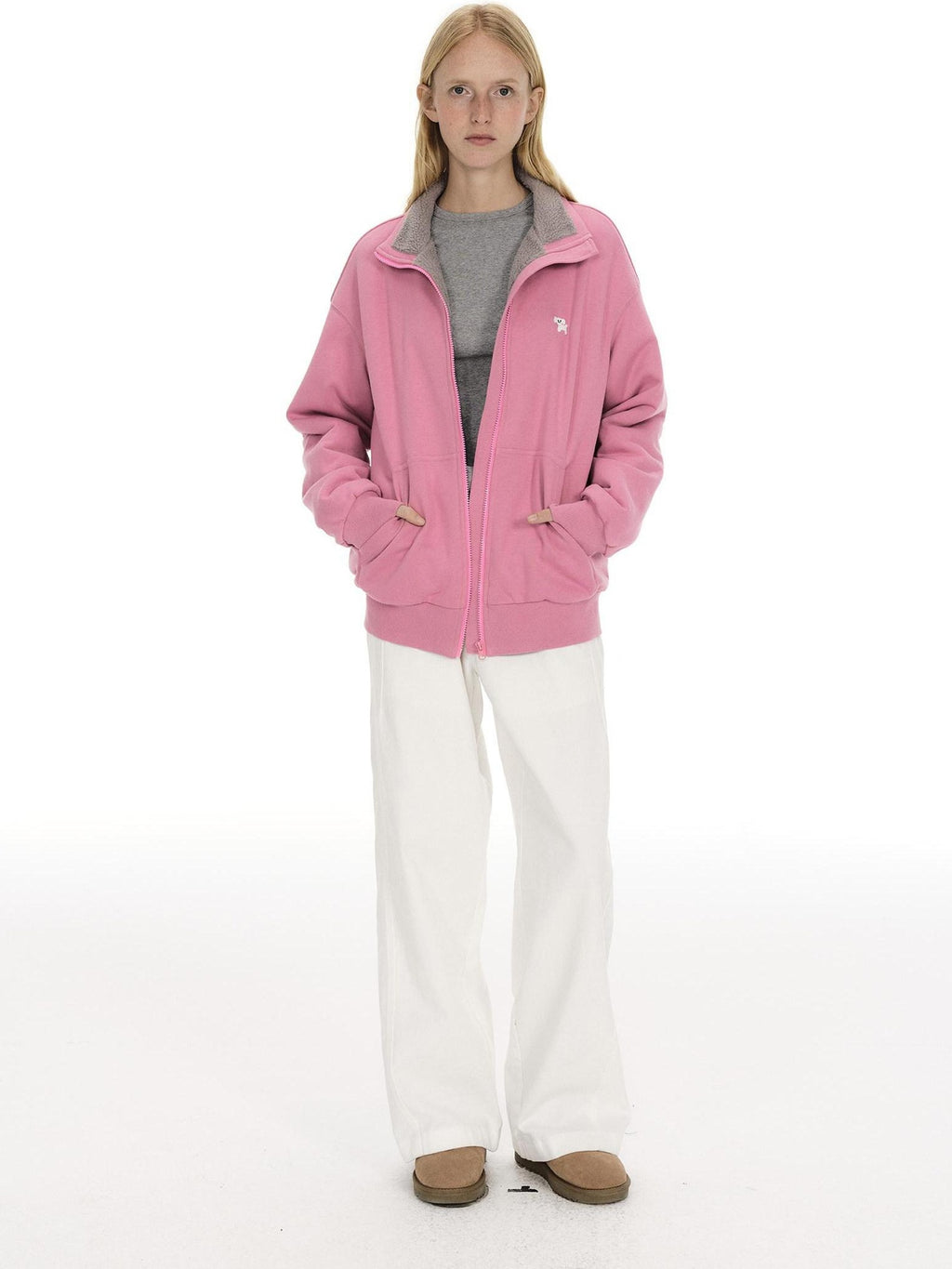 Country Moment Cozy Fleece Thick Loose Embroidered Stand Collar Unisex Cotton Zip Sweatshirt