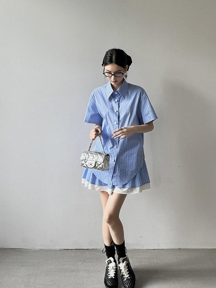 DDGIRL studio Breathable Relaxed Polo Short Sleeve Women Striped Blue Top & Skirt Sets