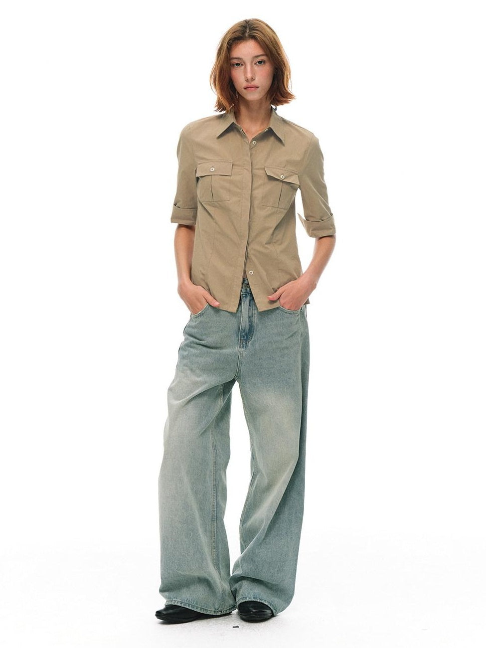 Country Moment Breathable Cotton Slim Fit Collared Half Sleeve Khaki Women Patch Pocket Shirts