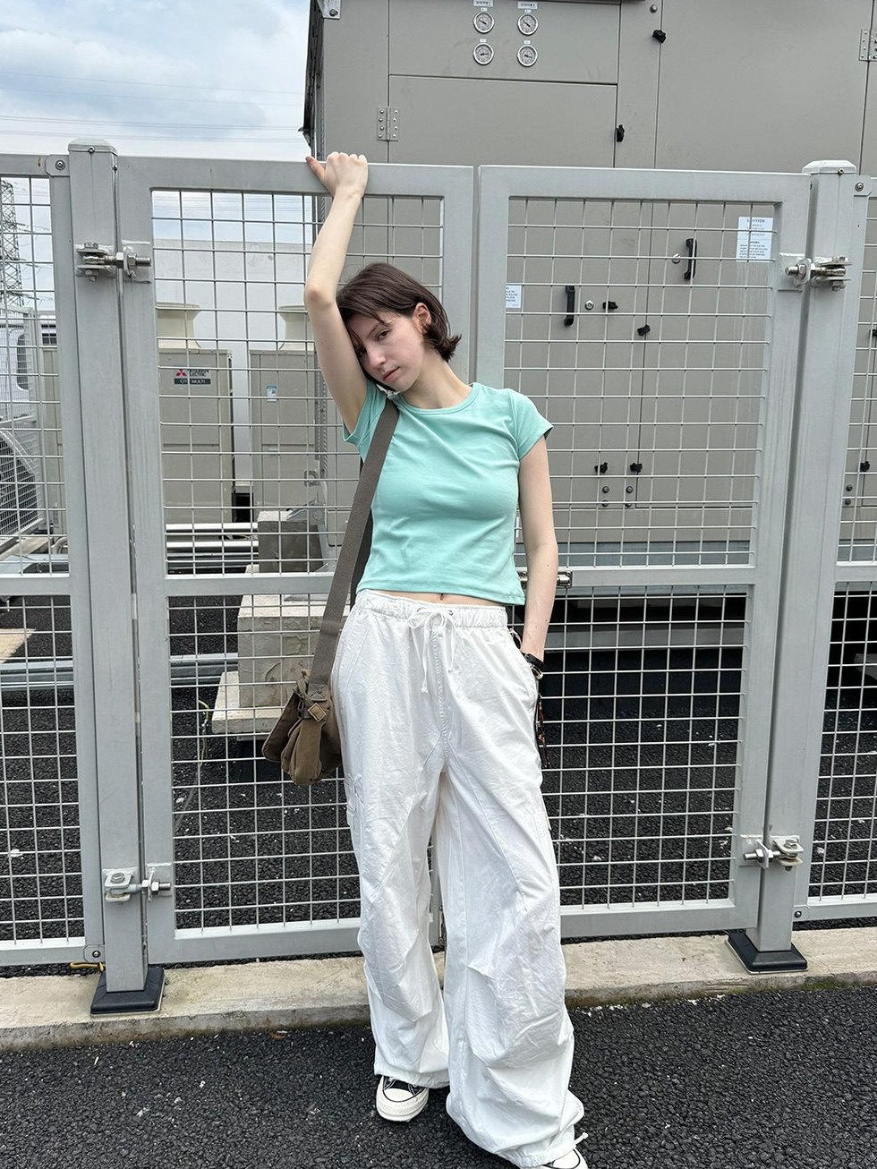 Country Moment Cotton Slim Fit Street Crew Neck Short Sleeve Solid White Teal Basic Crop Tops