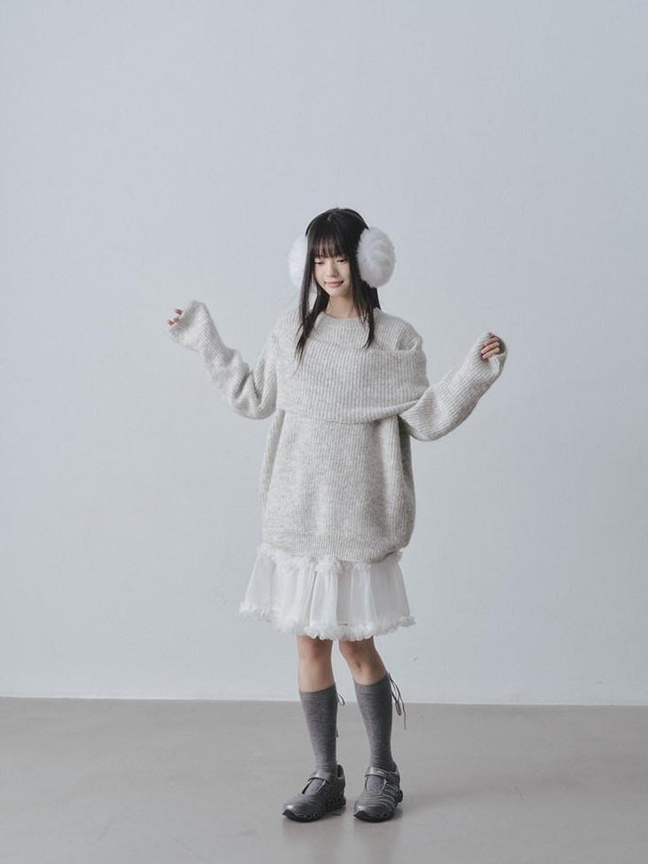 DDGIRL studio Ultra Soft Relaxed Patchwork Round Neck Women Light Gray Knit Sweaters