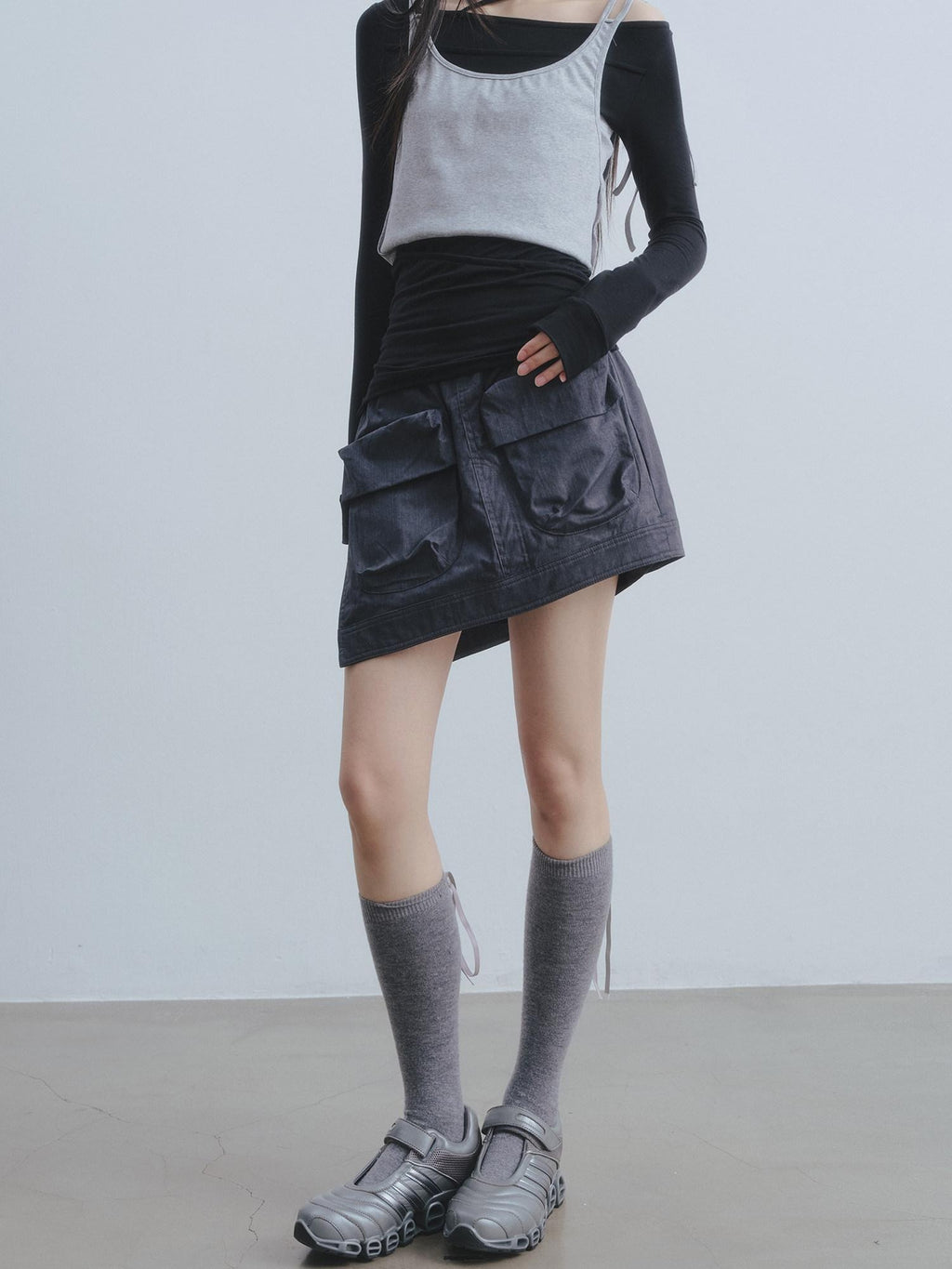 DDGIRL studio Soft 100 Percent Cotton High Waist Cargo Office Women Dark Gray Mini Skirts