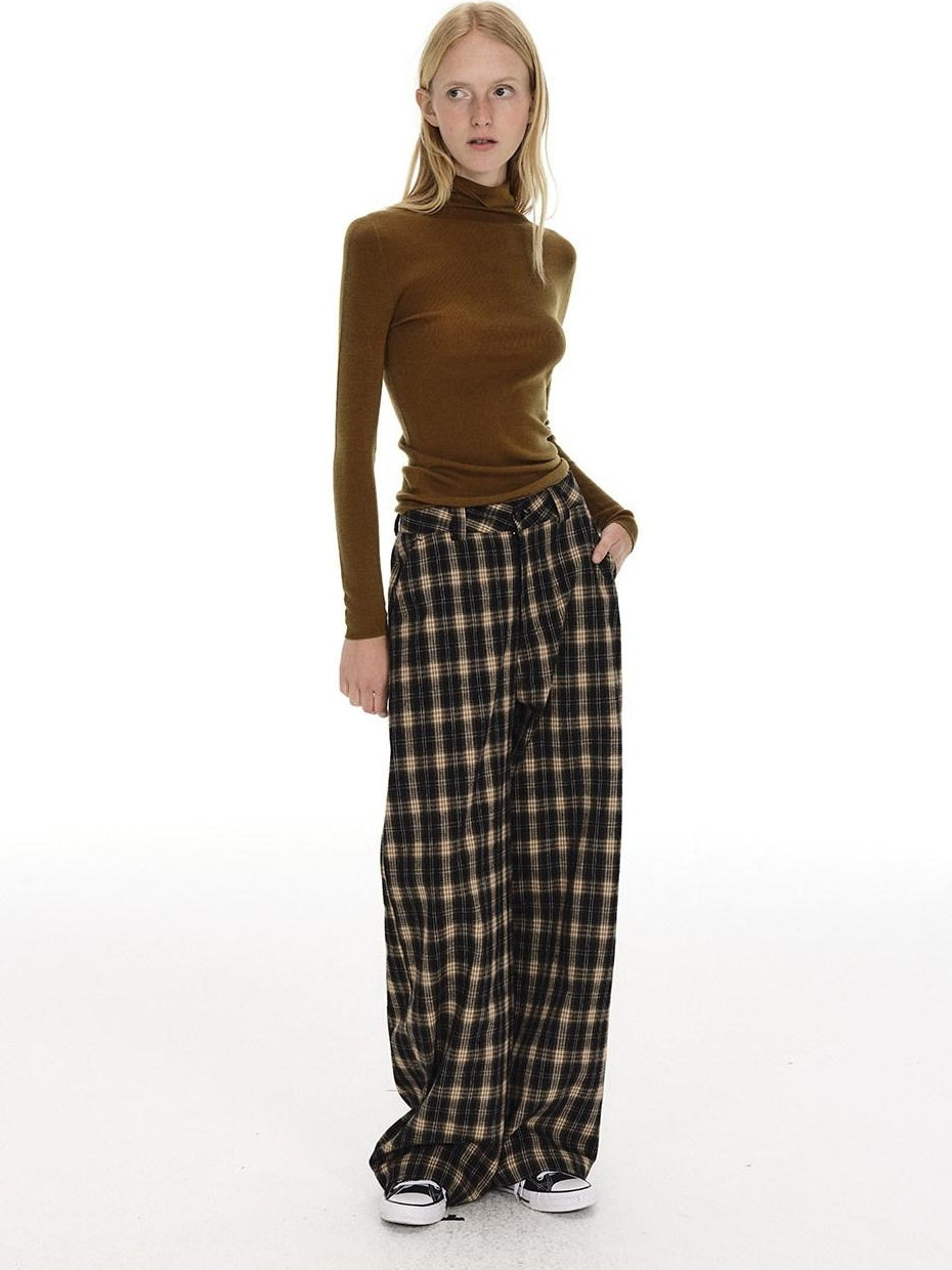 Country Moment 100% Cotton Vintage Wide Leg Black Brown Plaid Natural Waist Straight Pants