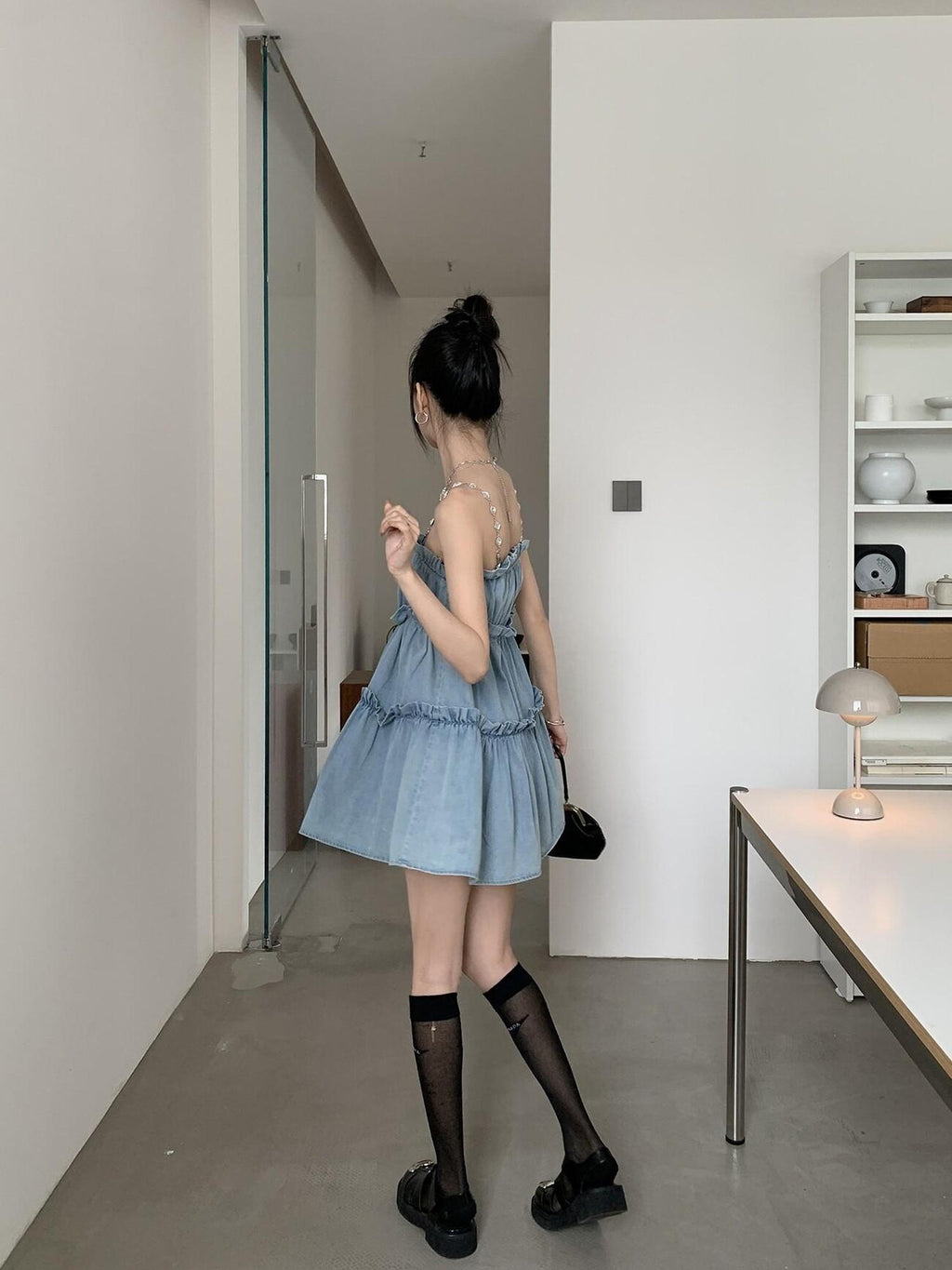 DDGIRL studio High Waist Washed Denim Ruffle Trim A Line Camisole Casual Mini Dresses