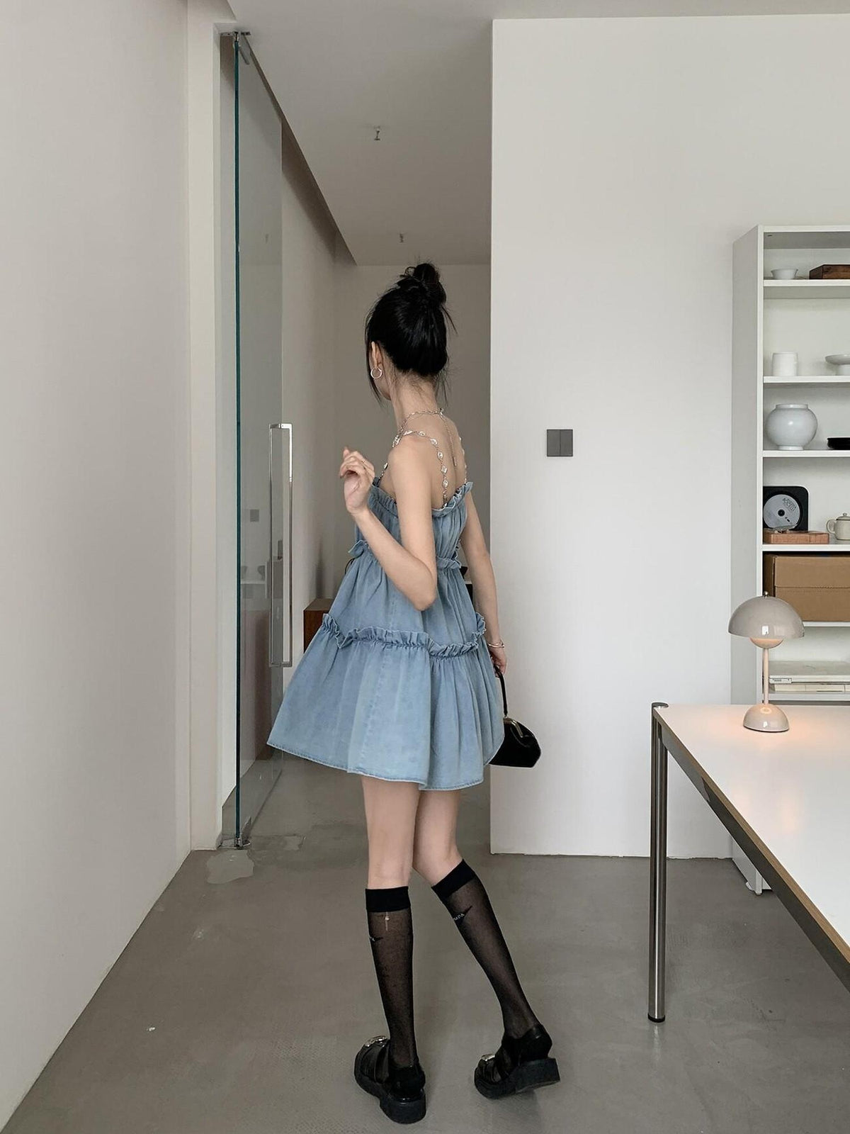 DDGIRL studio High Waist Washed Denim Ruffle Trim A Line Camisole Casual Mini Dresses