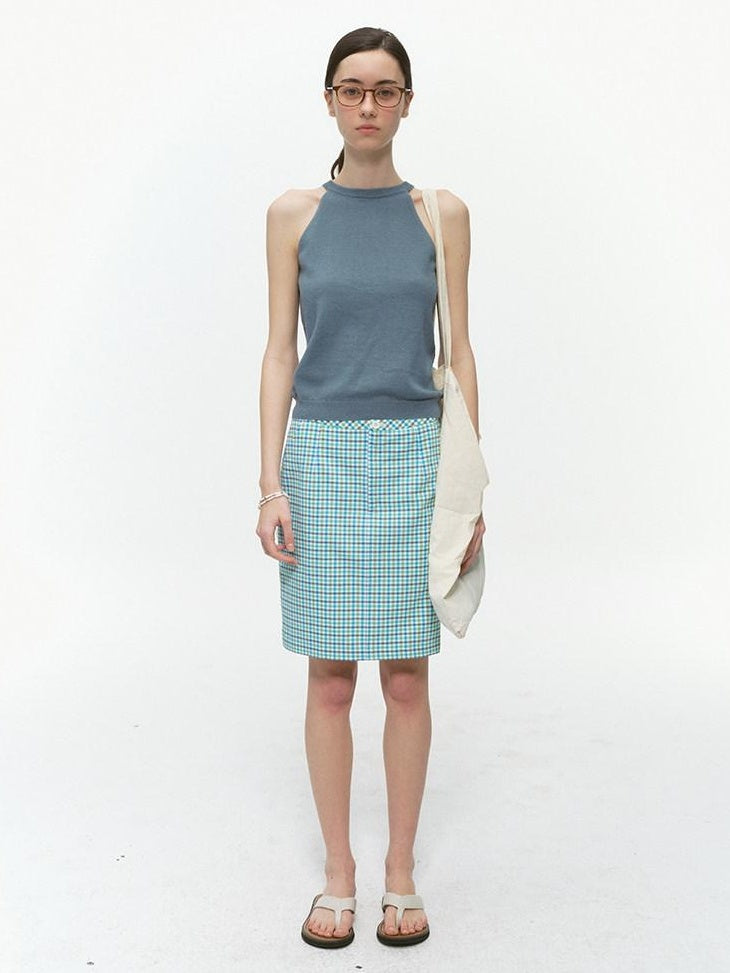 Country Moment Original Design Halter Slim Fit Lake Blue Wool Blend Solid Knit Camisoles