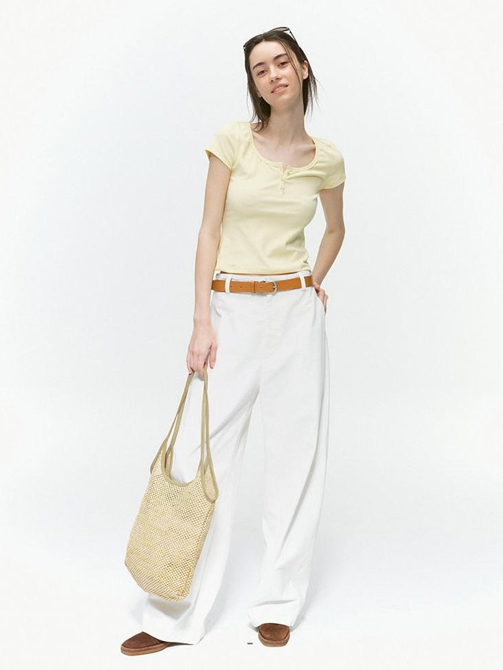 Country Moment 100% Cotton Mid Rise Loose Straight Leg Zipper Fly Everyday Urban Wide Leg Pants
