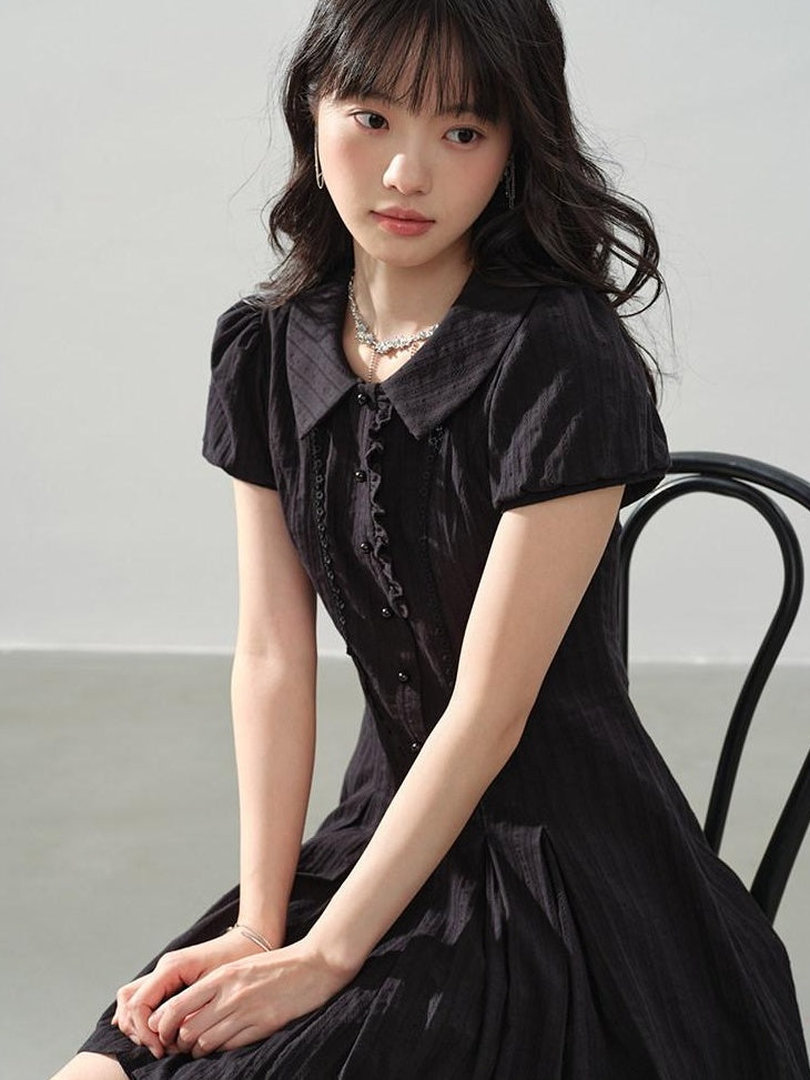 DDGIRL studio Sweet Cotton A Line Puff Sleeve Doll Collar Fitted Waist Midi Dresses