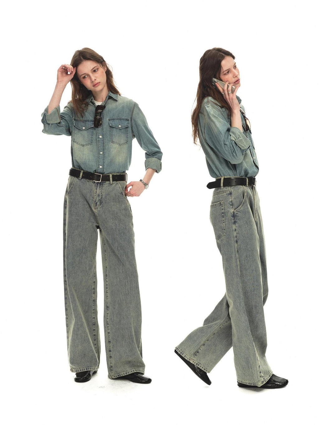 Country Moment Distressed Mid Rise Relaxed Unisex Breathable Cotton Grey Blue Wide Leg Jeans