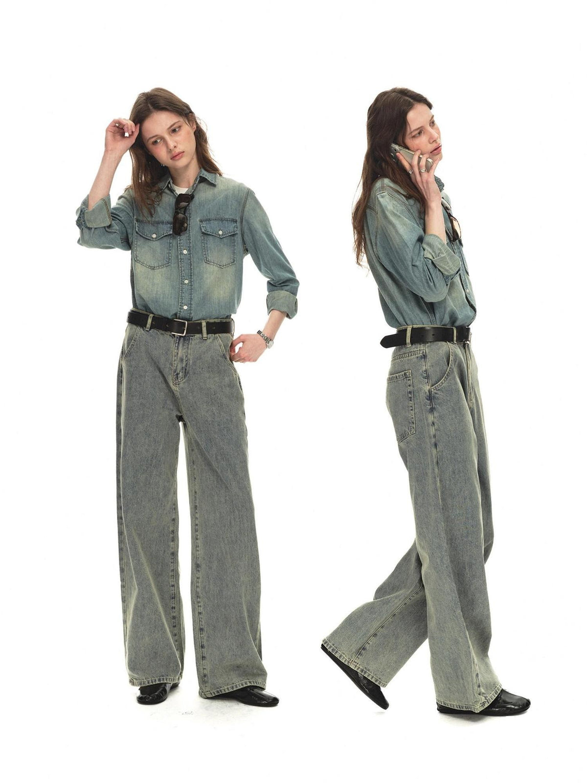 Country Moment Distressed Mid Rise Relaxed Unisex Breathable Cotton Grey Blue Wide Leg Jeans