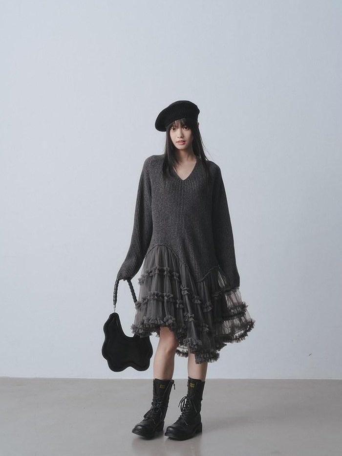 DDGIRL studio Warm 100 Percent Wool High Waist Mesh Splice A Line Sweater Midi Dresses